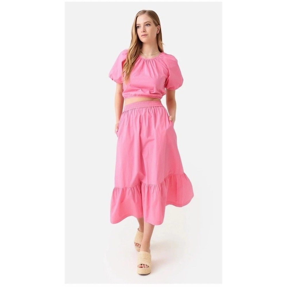 Greylin Anthropologie Nadia 2 Pc Poplin Set Outfit Small Puff Sleeve Midi #B9-4
